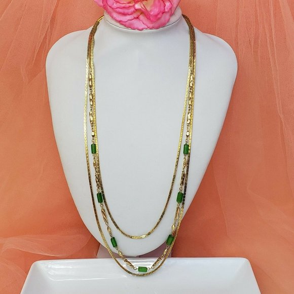 Vintage Gold Tone 3- Strand Chain Necklace 25" Statement Chain Green Glass Beads - Picture 2 of 12